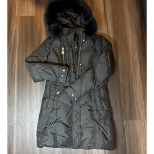 Elie Tahari Long Puffer Coat Fur Trim Removable Hood Black Size XS Small
